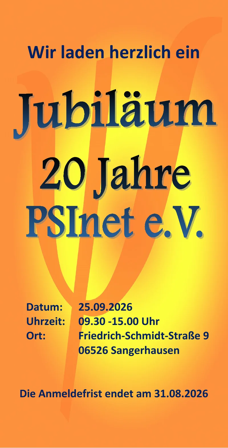 Flyer: Jubiläum – 20 Jahre PSInet e. V. am 25.09.2026 in Sangerhausen
